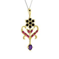 Siyah zirkon, rodolit garnet ve ametist 14 ayar altın kolye (40 cm beyaz altın rolo zincir)