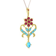 Ade Kraliyet Kolye - Rodolit garnet ve akuamarin 925 ayar altın kaplama gümüş kolye (40 cm rose altın rolo zincir) #1k6zyev