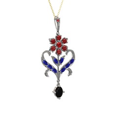 Garnet, lab safir ve siyah zirkon 14 ayar beyaz altın kolye (40 cm gümüş rolo zincir)
