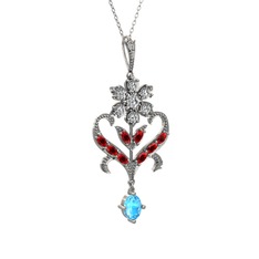 Beyaz zirkon, garnet ve akuamarin 14 ayar beyaz altın kolye (40 cm beyaz altın rolo zincir)