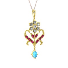 Beyaz zirkon, rodolit garnet ve akuamarin 925 ayar altın kaplama gümüş kolye (40 cm gümüş rolo zincir)