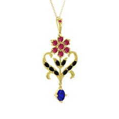 Rodolit garnet, siyah zirkon ve lab safir 925 ayar altın kaplama gümüş kolye (40 cm gümüş rolo zincir)
