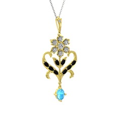 Beyaz zirkon, siyah zirkon ve akuamarin 8 ayar altın kolye (40 cm beyaz altın rolo zincir)