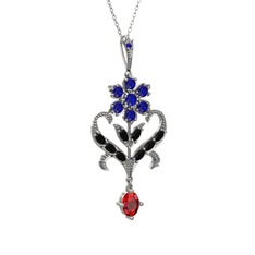 Lab safir, siyah zirkon ve garnet 14 ayar beyaz altın kolye (40 cm gümüş rolo zincir)