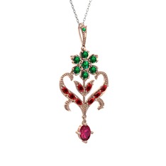 Yeşil kuvars, garnet ve rodolit garnet 925 ayar rose altın kaplama gümüş kolye (40 cm gümüş rolo zincir)