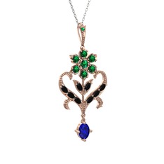 Yeşil kuvars, siyah zirkon ve lab safir 8 ayar rose altın kolye (40 cm gümüş rolo zincir)
