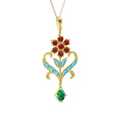 Garnet, akuamarin ve yeşil kuvars 14 ayar altın kolye (40 cm rose altın rolo zincir)
