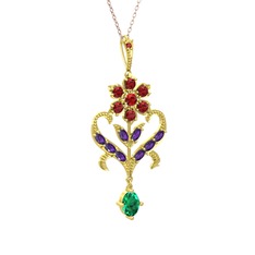 Ade Kraliyet Kolye - Garnet, ametist ve yeşil kuvars 14 ayar altın kolye (40 cm rose altın rolo zincir) #1lwbtbr