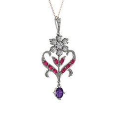 Ade Kraliyet Kolye - Beyaz zirkon, rodolit garnet ve ametist 925 ayar gümüş kolye (40 cm rose altın rolo zincir) #1magaow