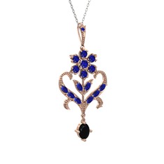 Lab safir ve siyah zirkon 14 ayar rose altın kolye (40 cm beyaz altın rolo zincir)
