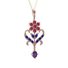 Rodolit garnet, lab safir ve ametist 8 ayar rose altın kolye (40 cm altın rolo zincir)