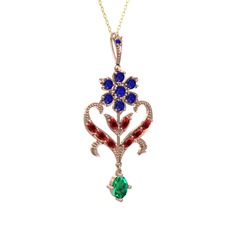Ade Kraliyet Kolye - Lab safir, garnet ve yeşil kuvars 14 ayar rose altın kolye (40 cm gümüş rolo zincir) #1mrpk8i
