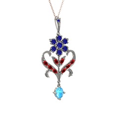 Ade Kraliyet Kolye - Lab safir, garnet ve akuamarin 14 ayar beyaz altın kolye (40 cm rose altın rolo zincir) #1mt0efo