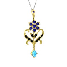 Lab safir, siyah zirkon ve akuamarin 8 ayar altın kolye (40 cm beyaz altın rolo zincir)