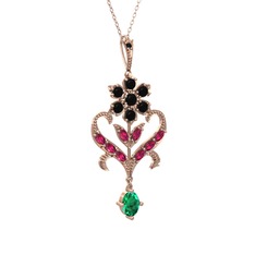 Siyah zirkon, rodolit garnet ve yeşil kuvars 8 ayar rose altın kolye (40 cm rose altın rolo zincir)