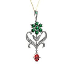 Yeşil kuvars, beyaz zirkon ve garnet 925 ayar gümüş kolye (40 cm altın rolo zincir)