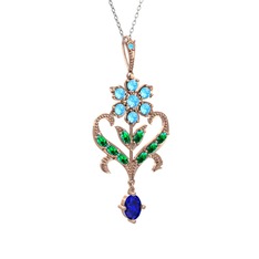 Akuamarin, yeşil kuvars ve lab safir 14 ayar rose altın kolye (40 cm beyaz altın rolo zincir)