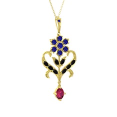 Lab safir, siyah zirkon ve rodolit garnet 8 ayar altın kolye (40 cm altın rolo zincir)