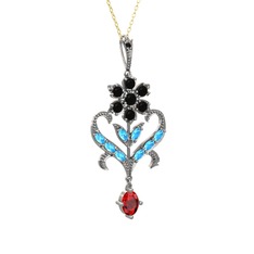 Ade Kraliyet Kolye - Siyah zirkon, akuamarin ve garnet 8 ayar beyaz altın kolye (40 cm altın rolo zincir) #1oaizbb