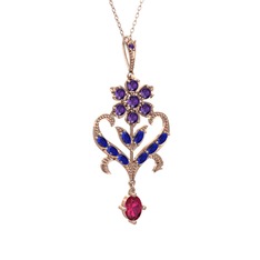 Ade Kraliyet Kolye - Ametist, lab safir ve rodolit garnet 14 ayar rose altın kolye (40 cm rose altın rolo zincir) #1ogc1v6