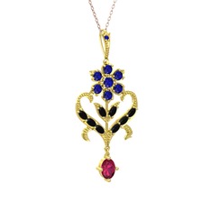 Lab safir, siyah zirkon ve rodolit garnet 925 ayar altın kaplama gümüş kolye (40 cm gümüş rolo zincir)