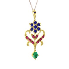 Lab safir, rodolit garnet ve yeşil kuvars 14 ayar altın kolye (40 cm rose altın rolo zincir)