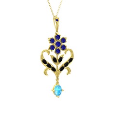 Lab safir, siyah zirkon ve akuamarin 925 ayar altın kaplama gümüş kolye (40 cm gümüş rolo zincir)