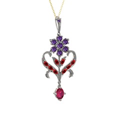 Ametist, garnet ve rodolit garnet 14 ayar beyaz altın kolye (40 cm gümüş rolo zincir)