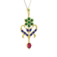 Yeşil kuvars, lab safir ve rodolit garnet 925 ayar altın kaplama gümüş kolye (40 cm rose altın rolo zincir)