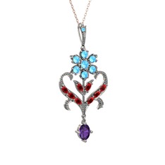 Akuamarin, garnet ve ametist 8 ayar beyaz altın kolye (40 cm gümüş rolo zincir)