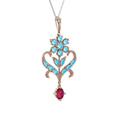 Akuamarin ve rodolit garnet 925 ayar rose altın kaplama gümüş kolye (40 cm beyaz altın rolo zincir)