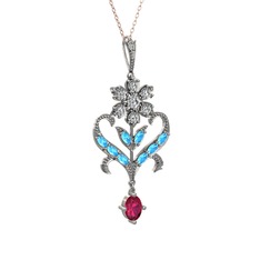 Beyaz zirkon, akuamarin ve rodolit garnet 14 ayar beyaz altın kolye (40 cm rose altın rolo zincir)
