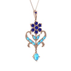 Lab safir ve akuamarin 925 ayar rose altın kaplama gümüş kolye (40 cm rose altın rolo zincir)