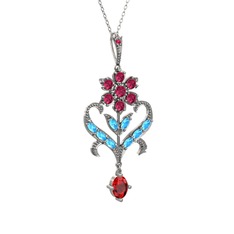 Rodolit garnet, akuamarin ve garnet 14 ayar beyaz altın kolye (40 cm gümüş rolo zincir)
