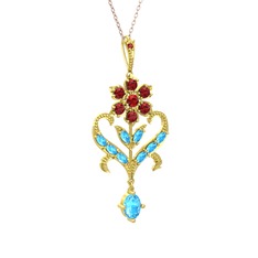 Garnet ve akuamarin 8 ayar altın kolye (40 cm rose altın rolo zincir)