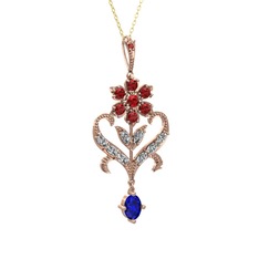 Garnet, beyaz zirkon ve lab safir 8 ayar rose altın kolye (40 cm altın rolo zincir)