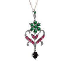 Yeşil kuvars, rodolit garnet ve siyah zirkon 14 ayar beyaz altın kolye (40 cm rose altın rolo zincir)