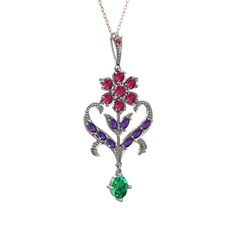 Rodolit garnet, ametist ve yeşil kuvars 14 ayar beyaz altın kolye (40 cm rose altın rolo zincir)