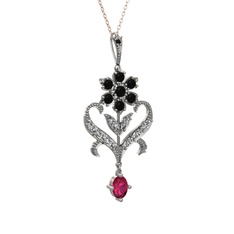 Siyah zirkon, beyaz zirkon ve rodolit garnet 8 ayar beyaz altın kolye (40 cm gümüş rolo zincir)