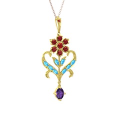 Ade Kraliyet Kolye - Garnet, akuamarin ve ametist 8 ayar altın kolye (40 cm rose altın rolo zincir) #1qw1kld