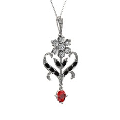 Beyaz zirkon, siyah zirkon ve garnet 14 ayar beyaz altın kolye (40 cm beyaz altın rolo zincir)