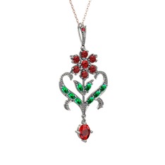 Garnet ve yeşil kuvars 925 ayar gümüş kolye (40 cm gümüş rolo zincir)