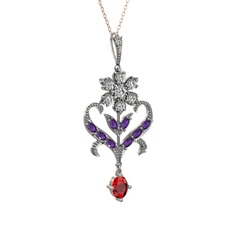 Ade Kraliyet Kolye - Beyaz zirkon, ametist ve garnet 925 ayar gümüş kolye (40 cm rose altın rolo zincir) #1ry1acn