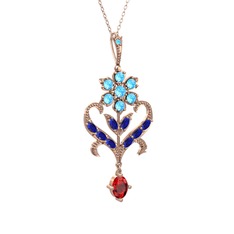Akuamarin, lab safir ve garnet 8 ayar rose altın kolye (40 cm gümüş rolo zincir)