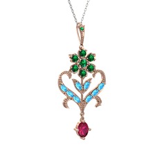 Yeşil kuvars, akuamarin ve rodolit garnet 925 ayar rose altın kaplama gümüş kolye (40 cm beyaz altın rolo zincir)