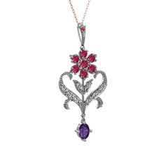 Rodolit garnet, beyaz zirkon ve ametist 8 ayar beyaz altın kolye (40 cm gümüş rolo zincir)