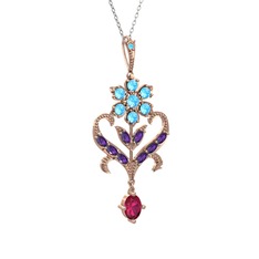 Akuamarin, ametist ve rodolit garnet 14 ayar rose altın kolye (40 cm beyaz altın rolo zincir)