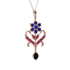 Lab safir, rodolit garnet ve siyah zirkon 14 ayar rose altın kolye (40 cm gümüş rolo zincir)
