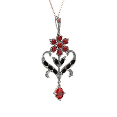 Ade Kraliyet Kolye - Garnet ve siyah zirkon 14 ayar beyaz altın kolye (40 cm rose altın rolo zincir) #1t0k78d