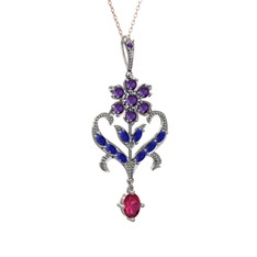 Ade Kraliyet Kolye - Ametist, lab safir ve rodolit garnet 8 ayar beyaz altın kolye (40 cm rose altın rolo zincir) #1ta93iv